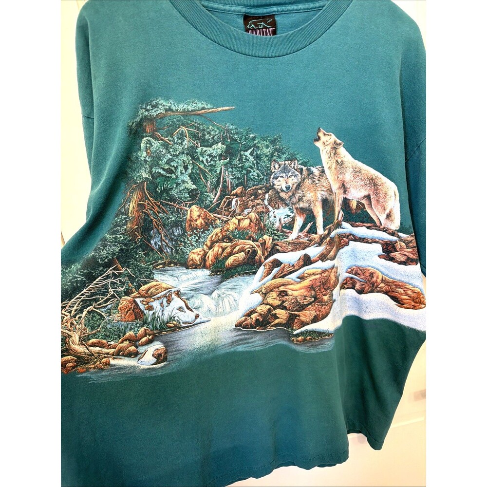 Vtg 90s Wolf Double Sided Graphic Single Stitch Green XL 100% Cotton T Shirt USA - Picture 4 of 16